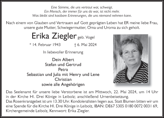 Traueranzeige von Erika Ziegler von FZ