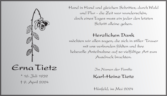 Traueranzeige von Erna Tietz von FZ