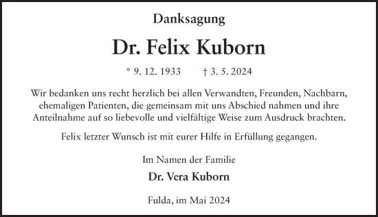 Traueranzeige von Felix Kuborn von FZ