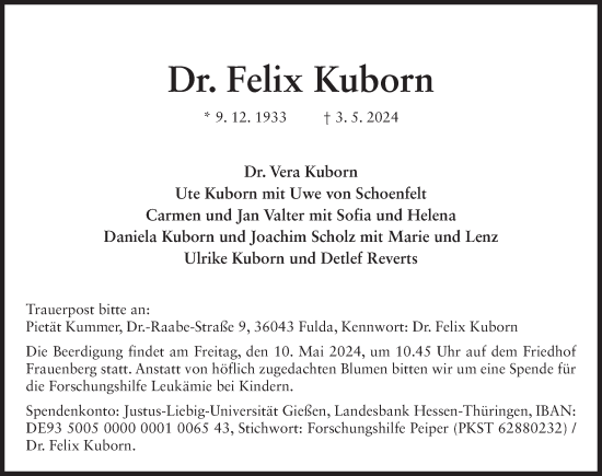 Traueranzeige von Felix Kuborn von FZ