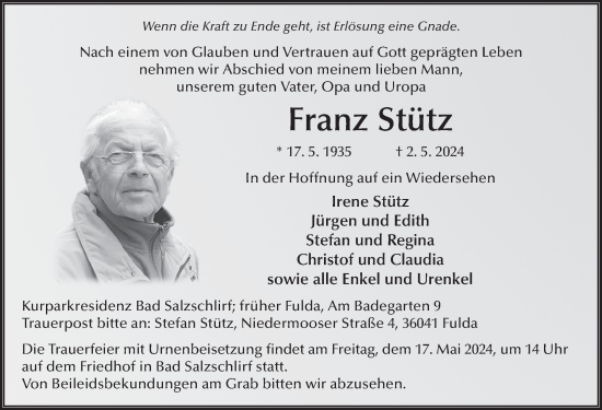 Traueranzeige von Franz Stütz von FZ