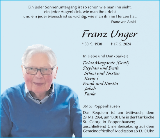 Traueranzeige von Franz Unger von FZ