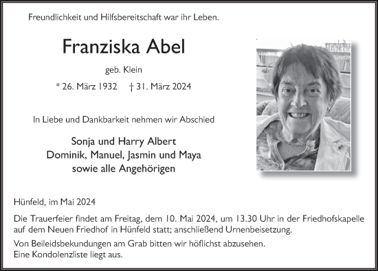 Traueranzeige von Franziska Abel von FZ