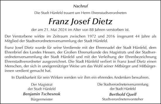 Traueranzeige von Franz Josef Dietz von FZ