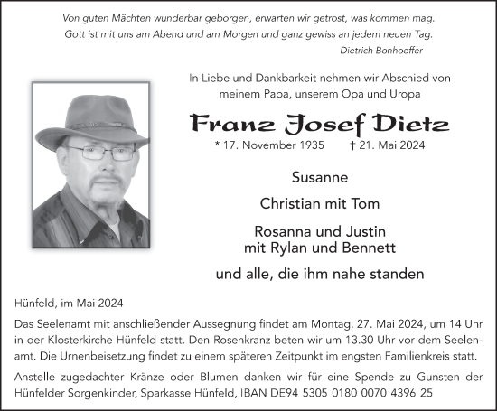 Traueranzeige von Franz Josef Dietz von FZ