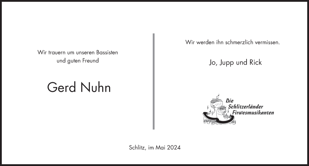  Traueranzeige für Gerd Nuhn vom 08.05.2024 aus FZ