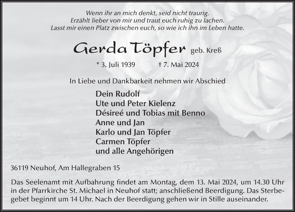  Traueranzeige für Gerda Töpfer vom 11.05.2024 aus FZ
