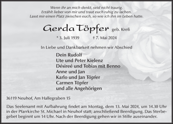 Traueranzeige von Gerda Töpfer von FZ