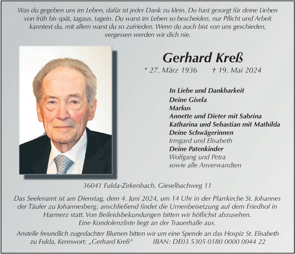  Traueranzeige für Gerhard Kreß vom 29.05.2024 aus FZ