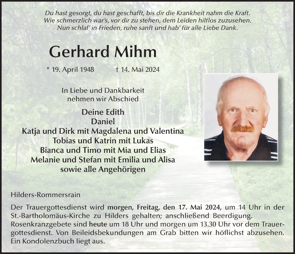  Traueranzeige für Gerhard Mihm vom 16.05.2024 aus FZ