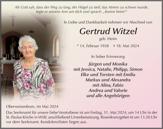 Traueranzeige von Gertrud Witzel von FZ