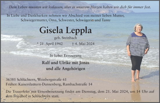Traueranzeige von Gisela Leppla von FZ