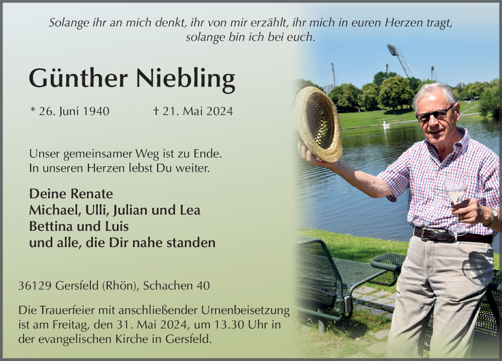  Traueranzeige für Günther Niebling vom 28.05.2024 aus FZ