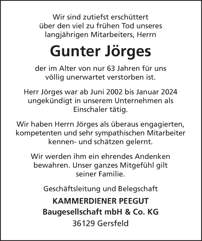  Traueranzeige für Gunter Jörges vom 25.05.2024 aus FZ
