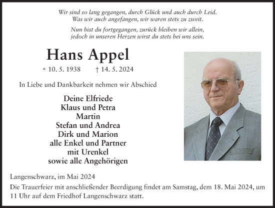 Traueranzeige von Hans Appel von FZ