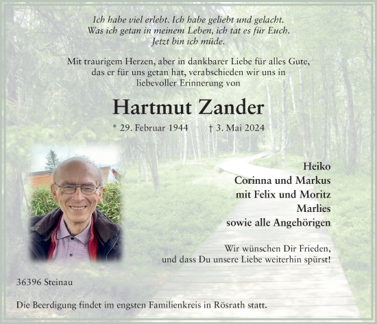 Traueranzeige von Hartmut Zander von FZ