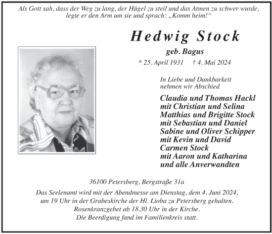 Traueranzeige von Hedwig Stock von FZ
