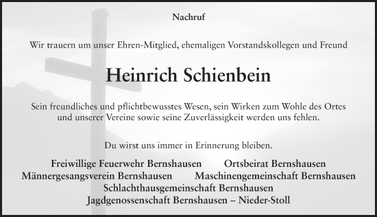 Traueranzeige von Heinrich Schienbein von FZ