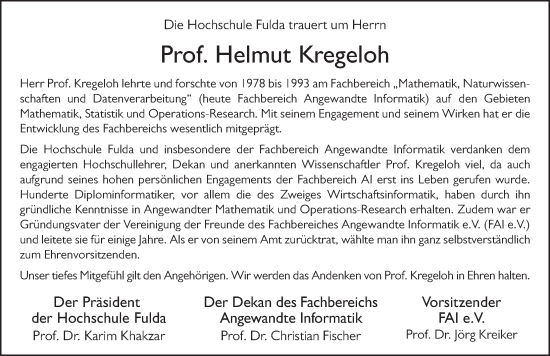 Traueranzeige von Helmut Kregeloh von FZ