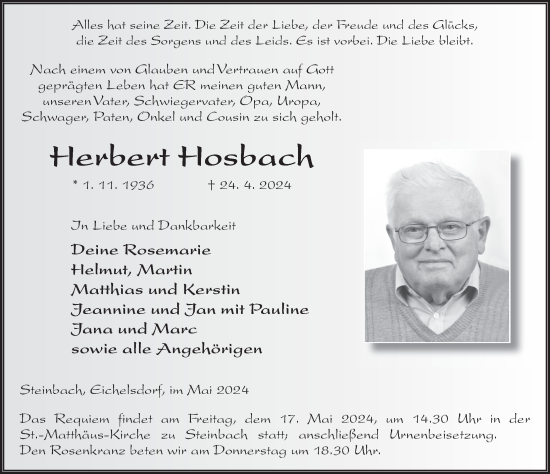 Traueranzeige von Herbert Hosbach von FZ