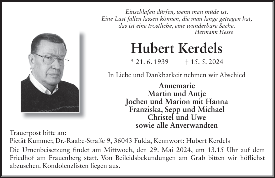 Traueranzeige von Hubert Kerdels von FZ