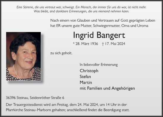 Traueranzeige von Ingrid Bangert von FZ