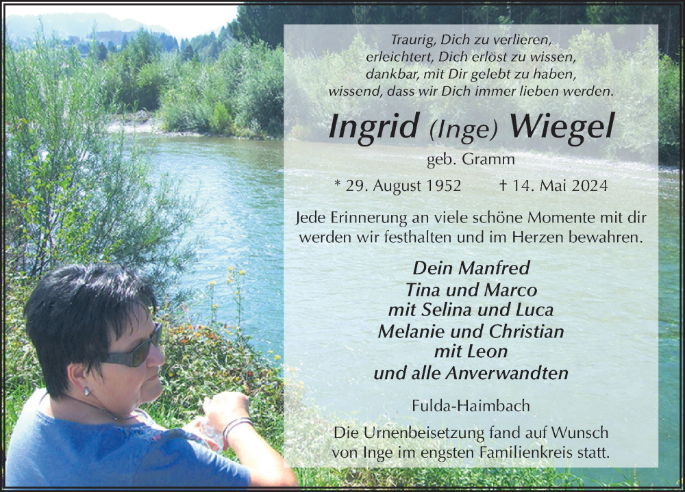  Traueranzeige für Ingrid Wiegel vom 31.05.2024 aus FZ