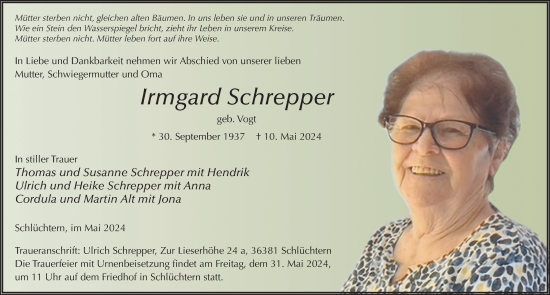Traueranzeige von Irmgard Schrepper von FZ