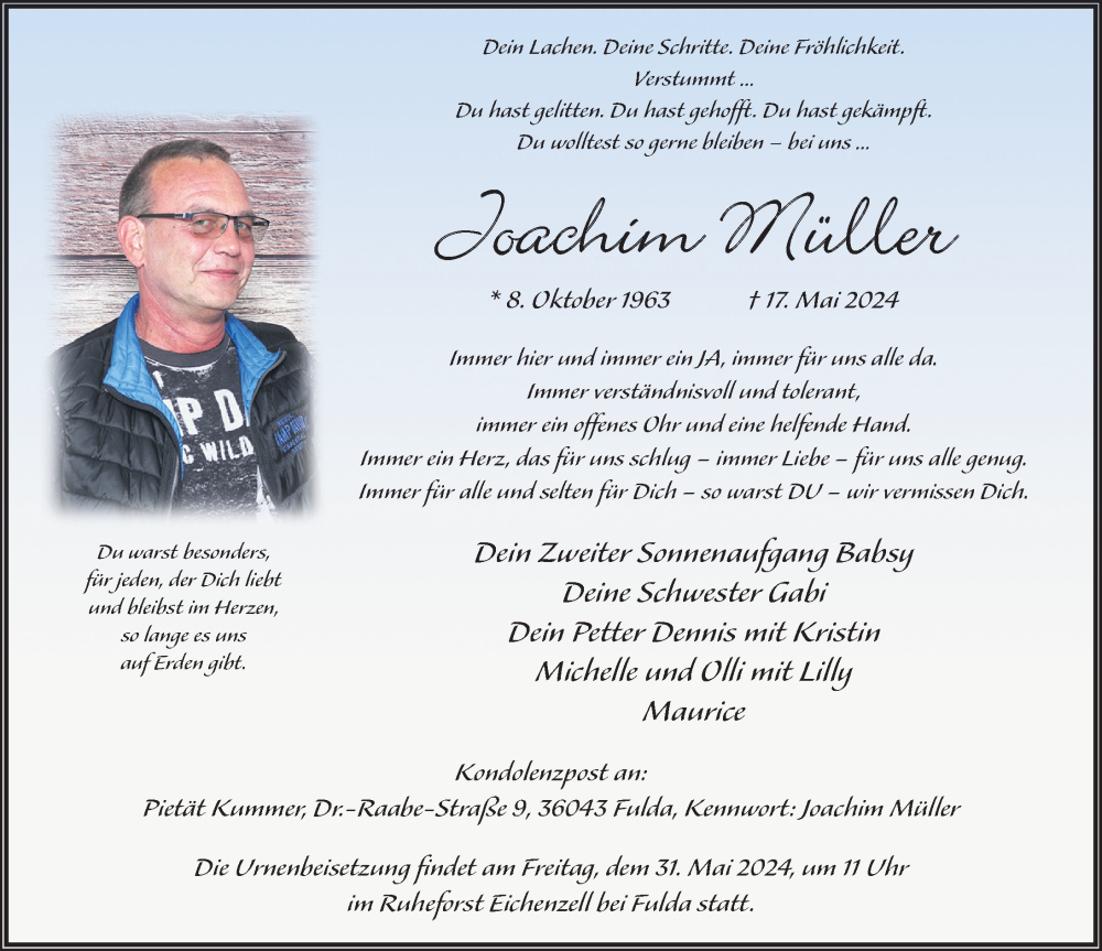  Traueranzeige für Joachim Müller vom 25.05.2024 aus FZ