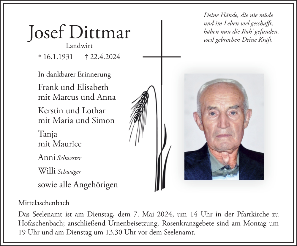  Traueranzeige für Josef Dittmar vom 03.05.2024 aus FZ