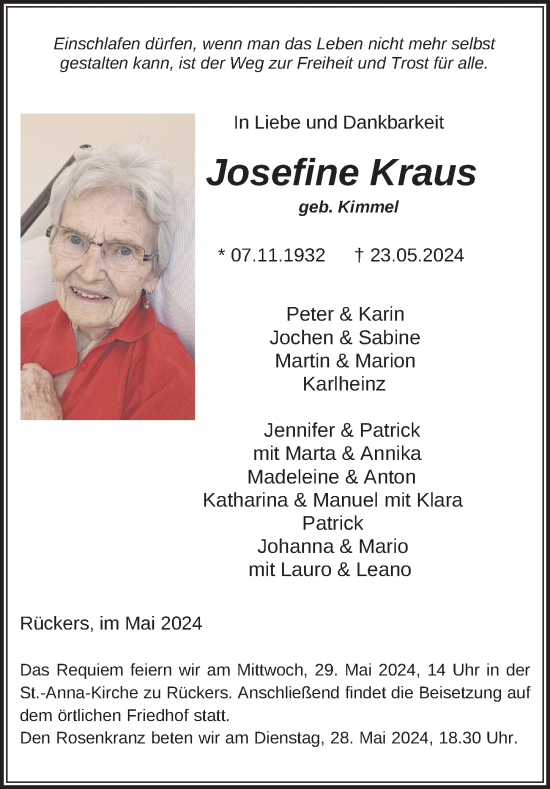 Traueranzeige von Josefine Kraus von FZ