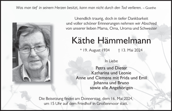 Traueranzeige von Käthe Hämmelmann von FZ