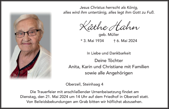 Traueranzeige von Käthe Hahn von FZ