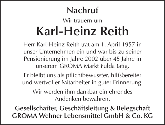 Traueranzeige von Karl-Heinz Reith von FZ