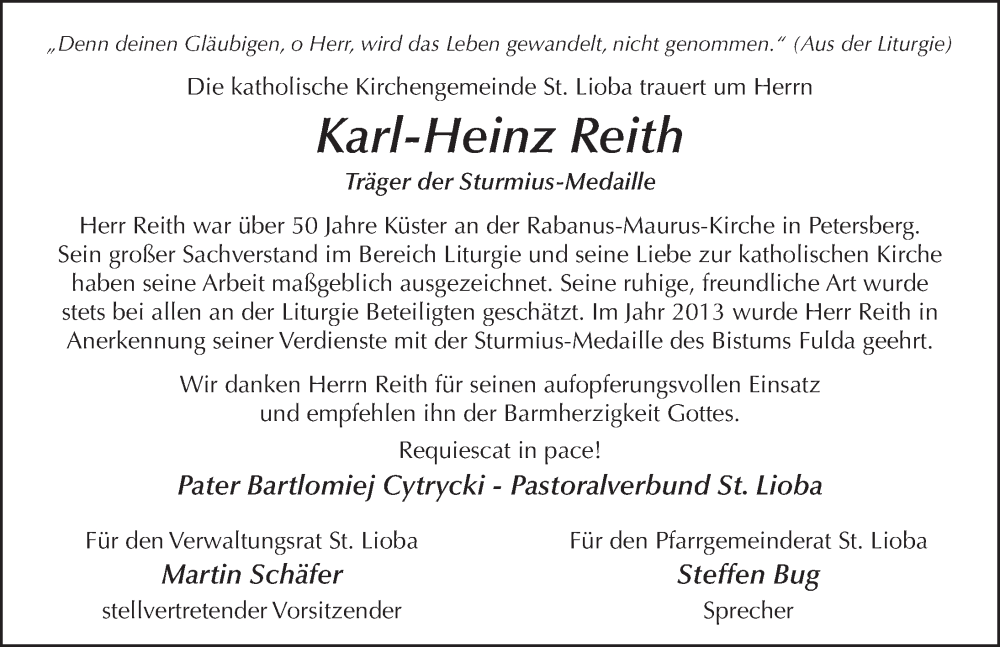  Traueranzeige für Karl-Heinz Reith vom 25.05.2024 aus FZ