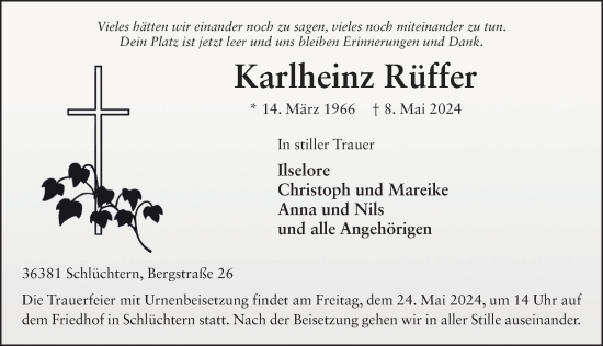 Traueranzeige von Karlheinz Rüffer von FZ