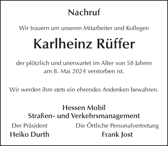 Traueranzeige von Karlheinz Rüffer von FZ