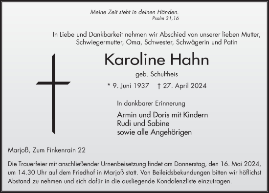 Traueranzeige von Karoline Hahn von FZ