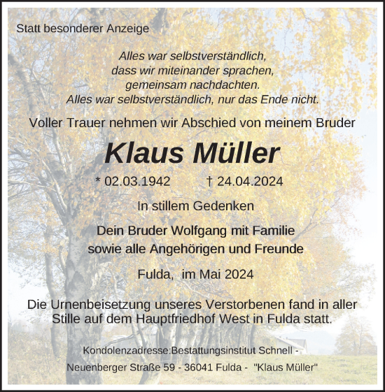 Traueranzeige von Klaus Müller von FZ