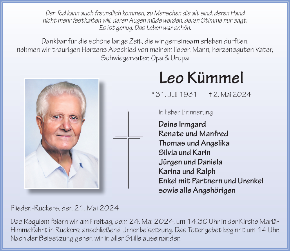  Traueranzeige für Leo Kümmel vom 21.05.2024 aus FZ