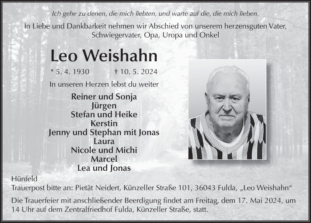  Traueranzeige für Leo Weishahn vom 14.05.2024 aus FZ