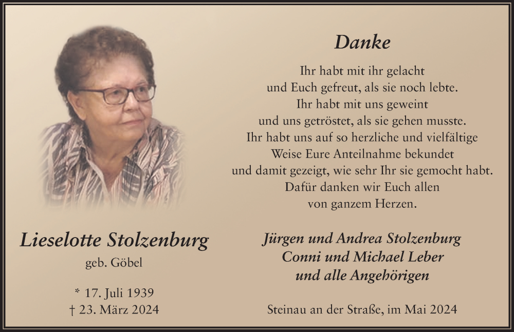  Traueranzeige für Lieselotte Stolzenburg vom 11.05.2024 aus FZ