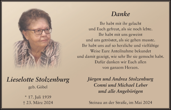 Traueranzeige von Lieselotte Stolzenburg von FZ