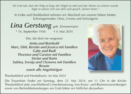 Traueranzeige von Lina Gerstung von FZ