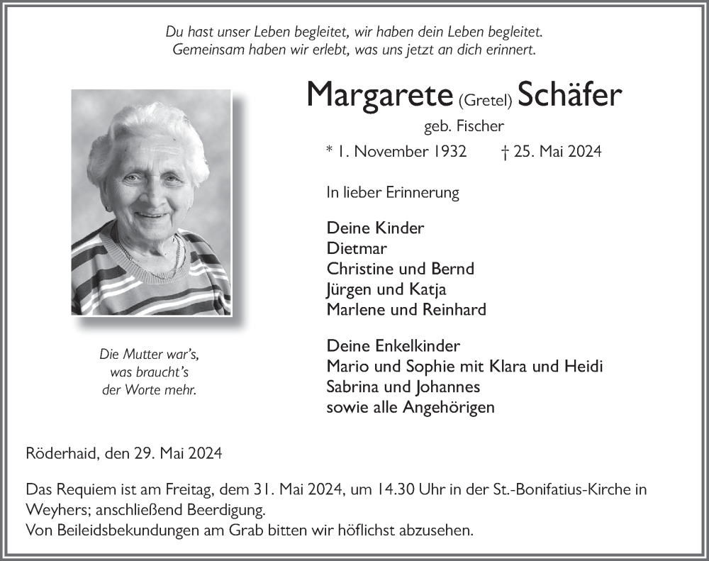  Traueranzeige für Margarete Schäfer vom 29.05.2024 aus FZ