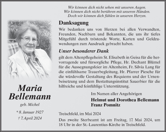 Traueranzeige von Maria Bellemann von FZ