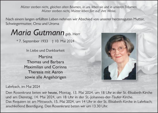 Traueranzeige von Maria Gutmann von FZ