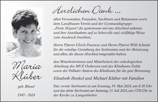 Traueranzeige von Maria Klüber von FZ