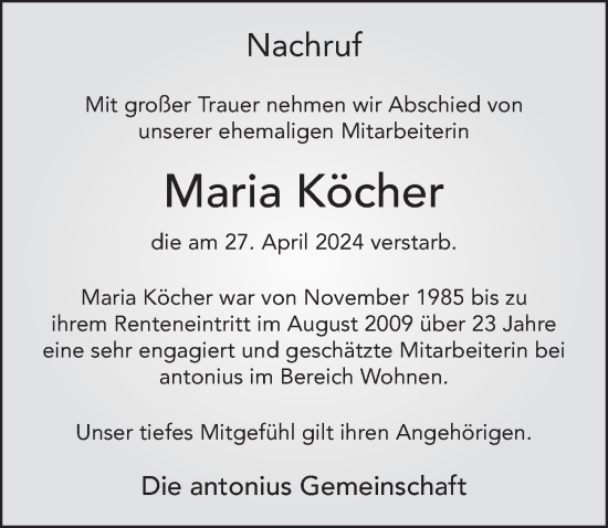 Traueranzeige von Maria Köcher von FZ