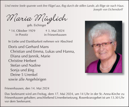 Traueranzeige von Maria Müglich von FZ